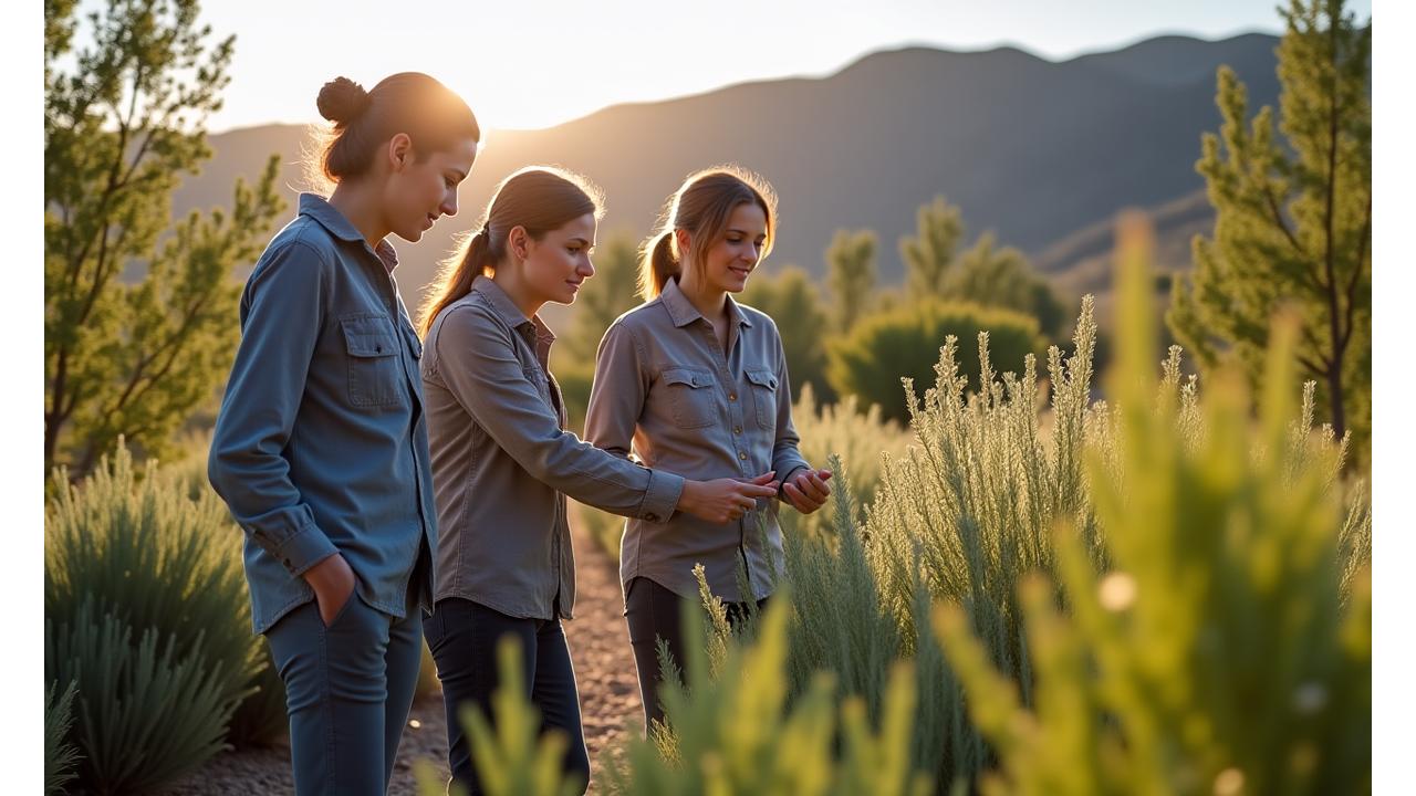 Team of AridBloom Gardens horticulturists discussing plans in a meticulously designed drought-tolerant garden, embodying sustainable landscaping.