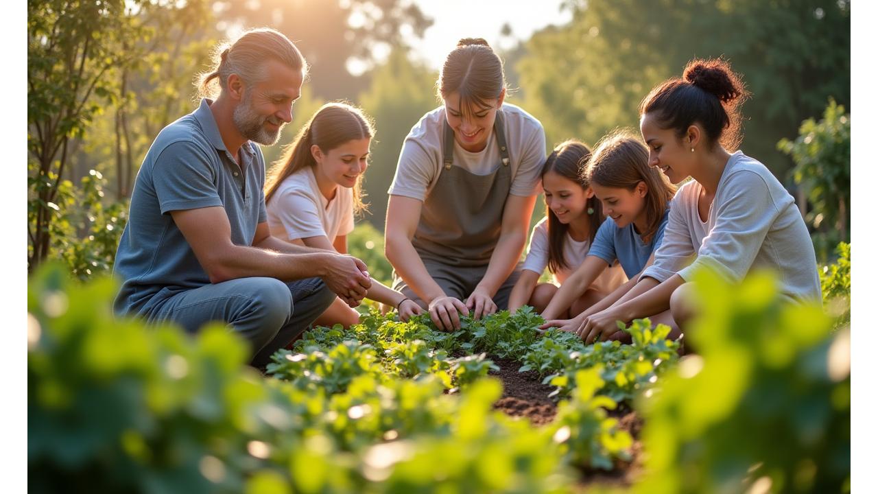 A small group of adults and children happily engaged in a hands-on gardening workshop at a community garden, learning about sustainable practices.
