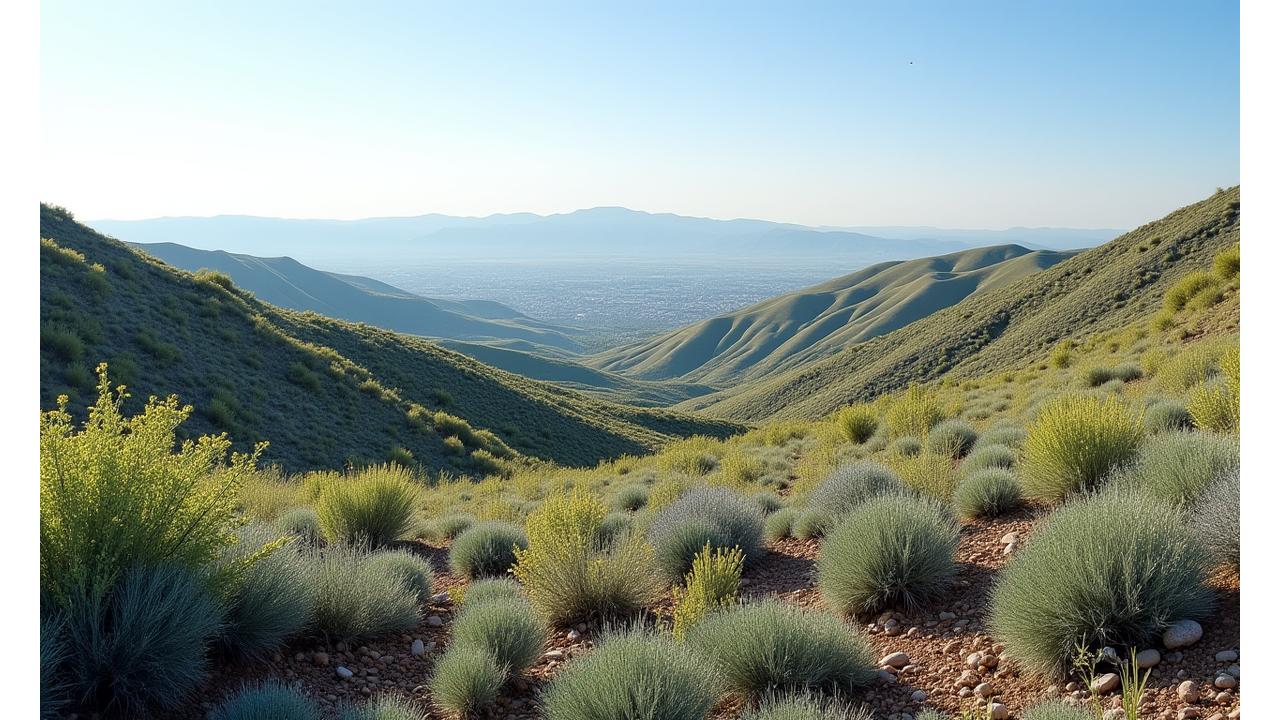 Panoramic view of the Boise foothills with diverse native plants thriving under the Idaho sun, showcasing arid beauty and resilience.