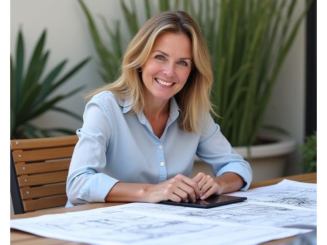 Portrait of Clara Jensen, Lead Landscape Designer, reviewing landscape blueprints with a thoughtful expression.