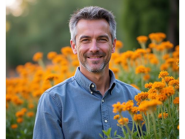 Portrait of Elias Vance, Lead Horticulturist, smiling confidently among native Idaho plants.