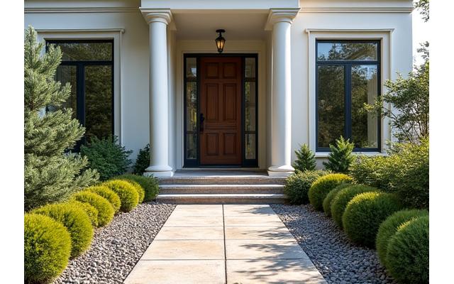 Elegant home entrance flanked by a meticulously designed rock and alpine plant garden, enhancing curb appeal