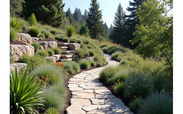 Residential backyard slope transformed into a multi-tiered alpine garden with a meandering stone pathway