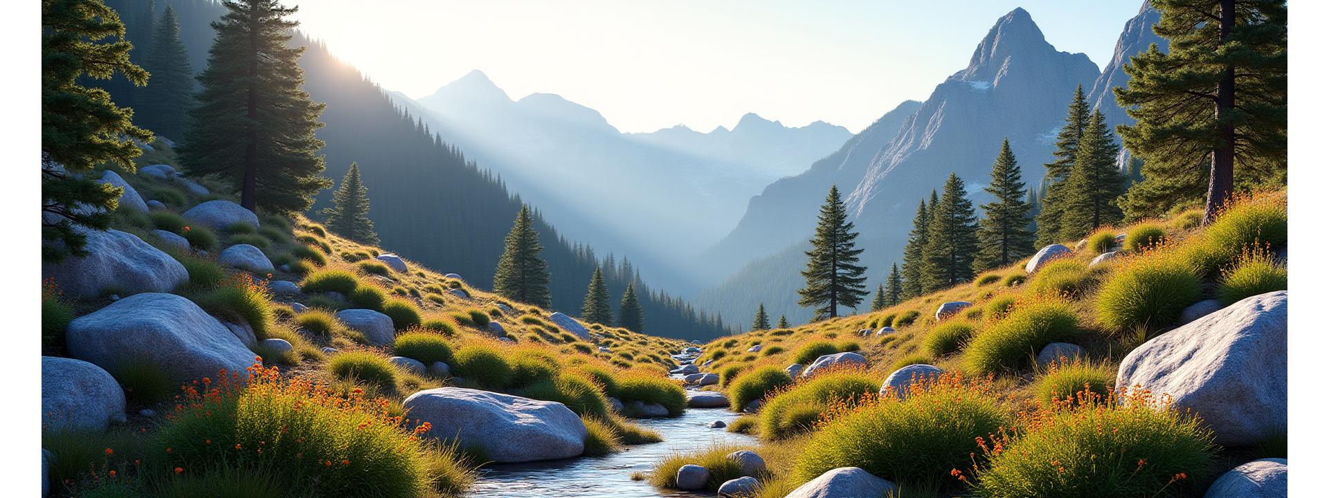 Panoramic view of a stunning alpine garden with natural stone, vibrant drought-tolerant plants, integrating seamlessly into a mountain landscape at sunrise