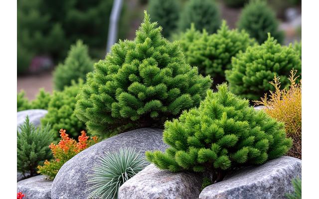 Assortment of dwarf conifers providing evergreen structure in a well-designed rock garden