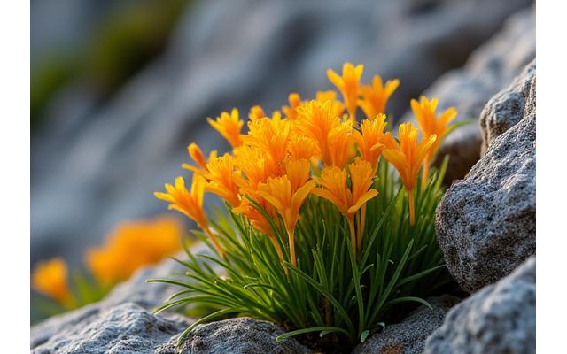 Close-up view of vibrant native Idaho alpine species flourishing between rocks
