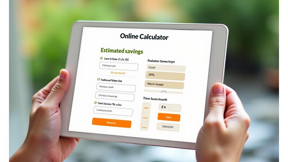 Mock-up of an interactive online calculator showing inputs for lawn size, traditional water use, and projected savings for water and time.