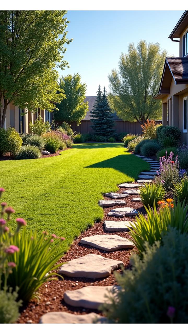 Before and after of a transforming Idaho landscape, from dry lawn to vibrant drought-tolerant garden, featuring established plants and hardscaping elements that conserve water.
