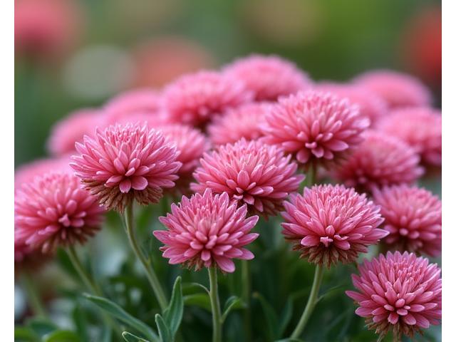 Pink flowering sedum 'Autumn Joy' in late summer, showing succulent leaves and dense flower clusters, ideal for arid conditions.