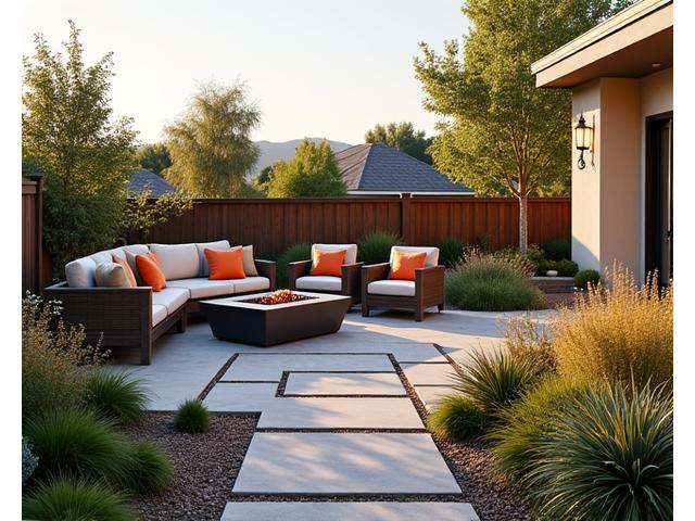 Spacious backyard entertainment area featuring a permeable paver patio, a native plant border with wildflowers and grasses, and a fire pit, all designed for minimal water use.