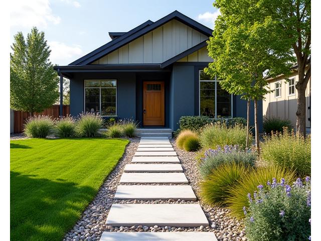 Modern residential front yard in Boise, Idaho, transformed with natural stone pathways, various low-water shrubs, ornamental grasses, and perennial flowers, enhancing curb appeal.
