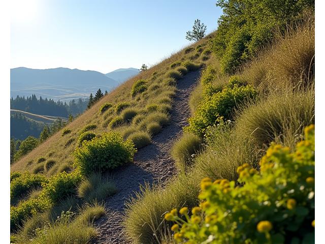 Steep, newly stabilized slope after planting various drought-tolerant groundcovers, shrubs, and erosion-control native plants, showing effective soil retention.