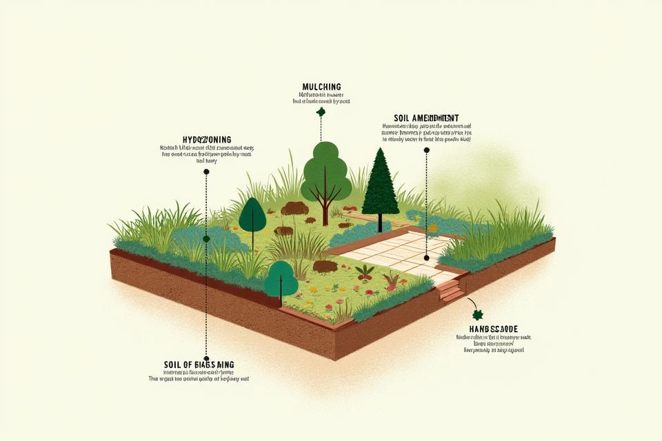 Illustrated diagram showcasing hydrozoning, mulching, strategic hardscaping, and soil preparation techniques for water-efficient landscaping.