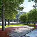 Architectural rendering of a modern landscape design with drought-tolerant plants, showcasing 3D visualization.