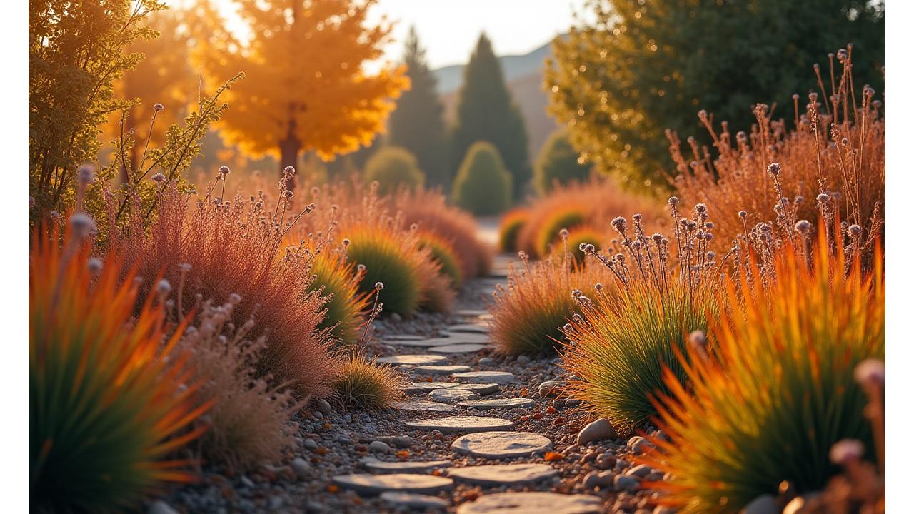 Autumn drought-tolerant garden scene in Boise, Idaho, showing warm reds, oranges, and golds from sumac, asters, and ornamental grasses, with rich seed heads providing texture.