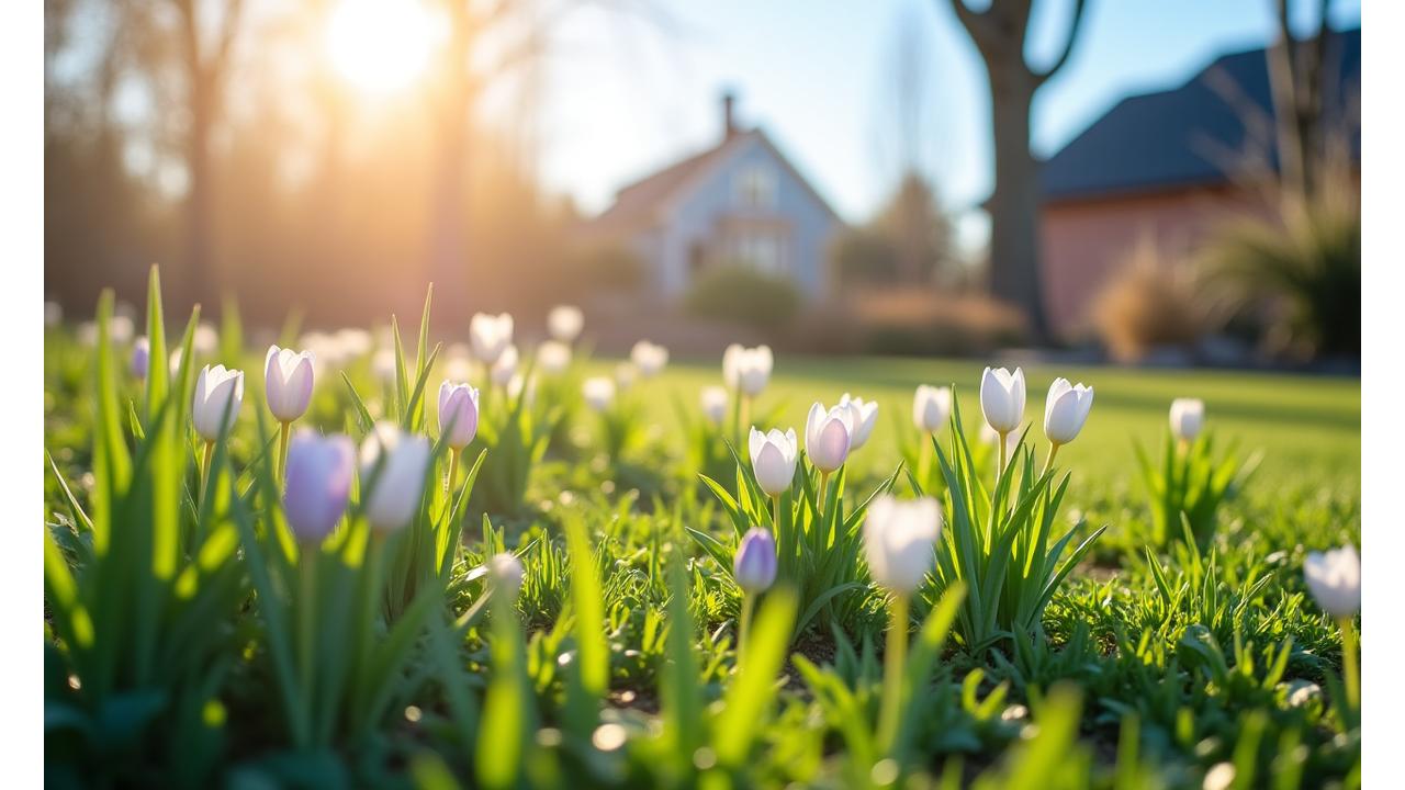 Springtime drought-tolerant garden in Boise, Idaho, featuring new green growth, early blooming bulbs like Daffodils and Crocuses, and Forsythia bushes.