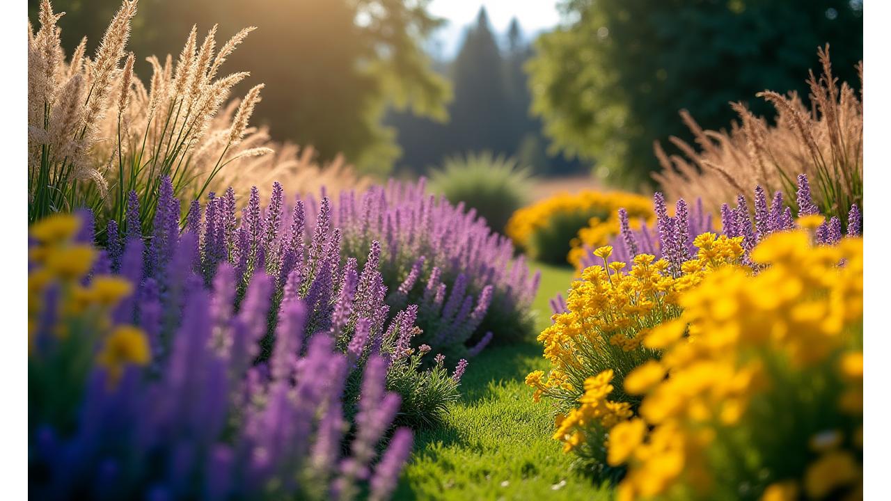 Lush summer drought-tolerant landscape in peak bloom, featuring vibrant purple salvias, yellow yarrow, and various ornamental grasses thriving under the Idaho sun.