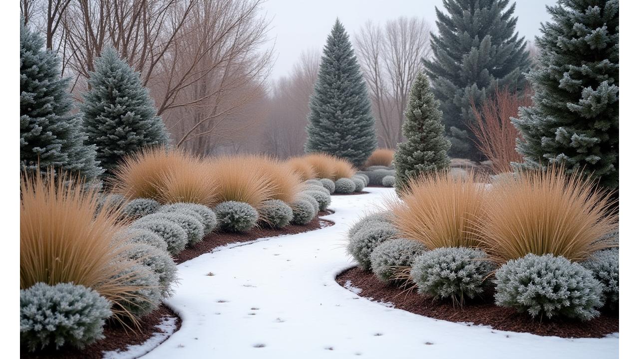 Winter drought-tolerant garden with architectural forms of dormant ornamental grasses, evergreen shrubs, and possibly some residual snow highlighting textures, in a serene Idaho landscape.