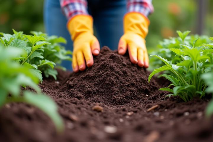 Gardener applying organic mulch around plants in a garden bed, promoting soil health.
