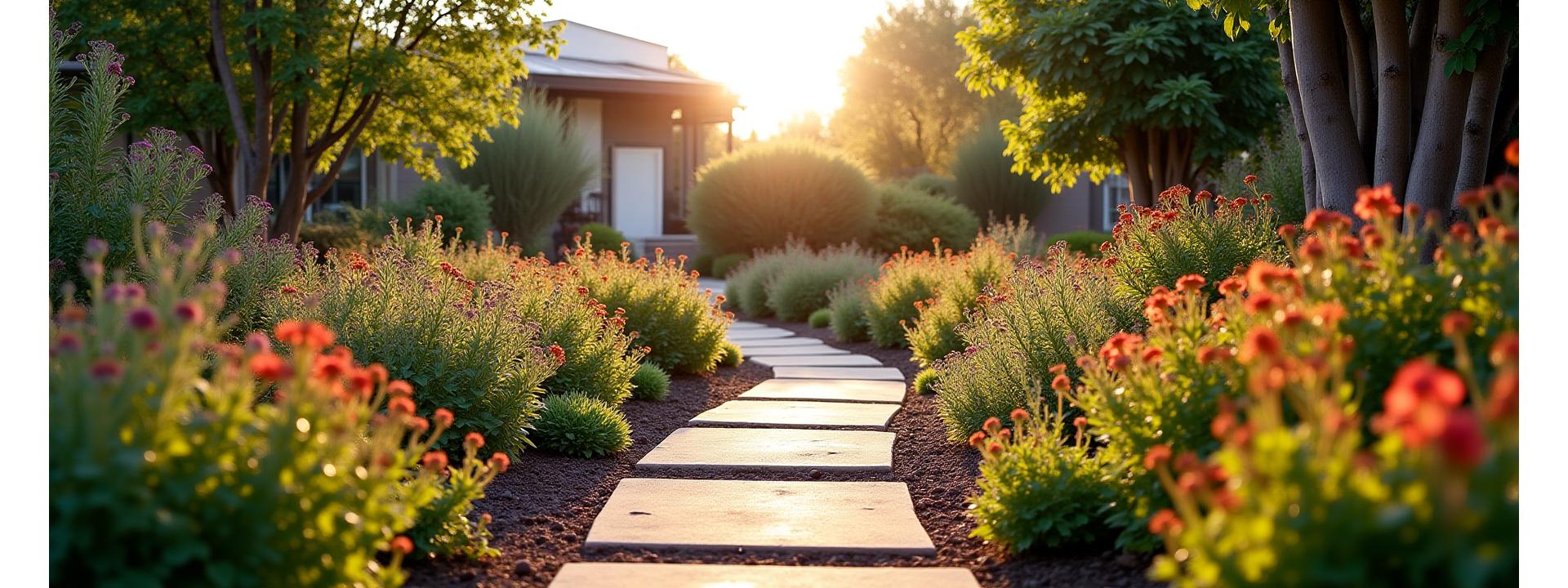 Lush, vibrant garden with diverse drought-tolerant plants meticulously cared for, showcasing professional garden care results in Boise.