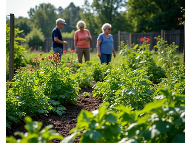 Vibrant community garden with diverse plants thriving, tended by a group of people.