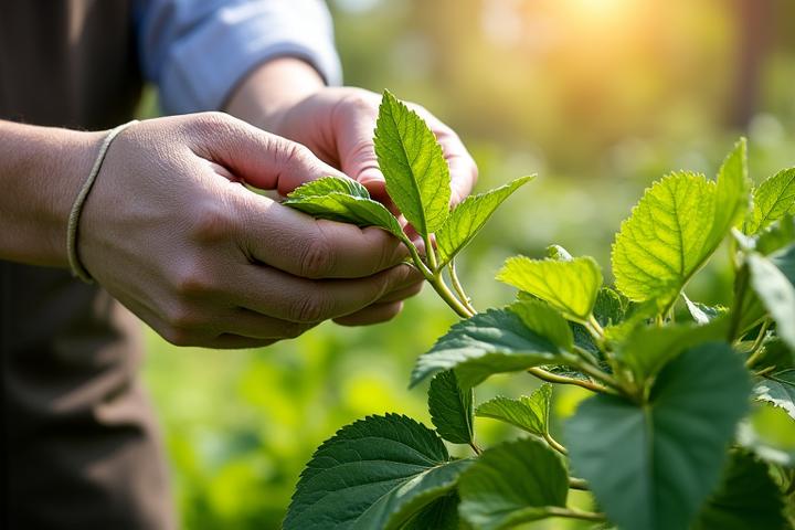 Horticulturist closely examining leaves of a plant, identifying potential issues.