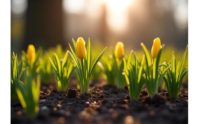 Garden in spring with new green shoots and blooming daffoidls under gentle sunlight.