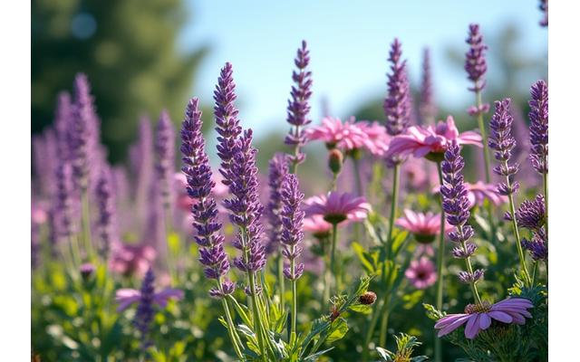 Vibrant summer garden with blooming lavender and coneflowers under bright sunshine.