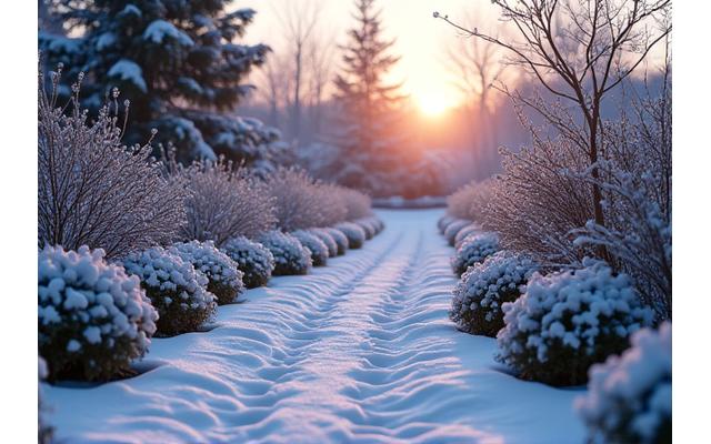 Snow-dusted garden with dormant plants and evergreen shrubs, serene winter scene.