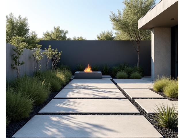 Sleek, contemporary patio with linear concrete pavers, minimalist landscaping, and a low, modern fire feature