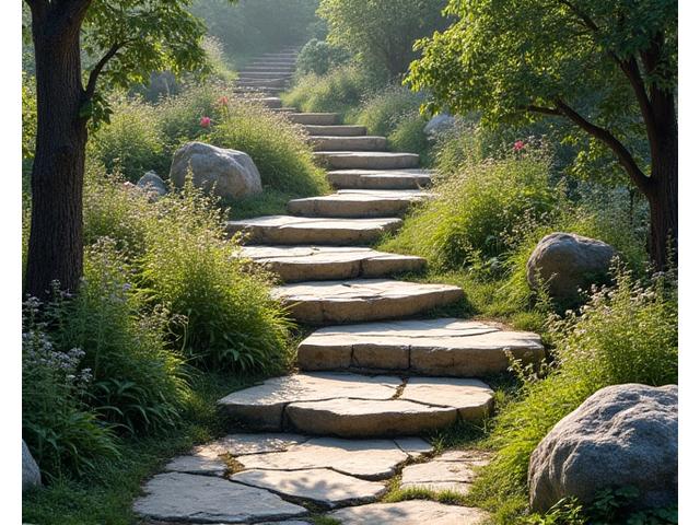 Rustic garden path made of irregular natural stone steps winding through a natural landscape with native plants