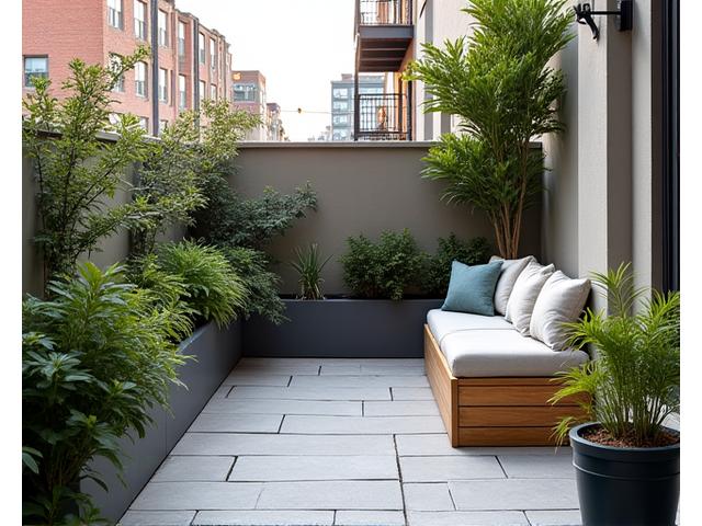 Compact urban balcony transformed into a functional outdoor oasis with small-scale pavers, built-in bench, and container plants