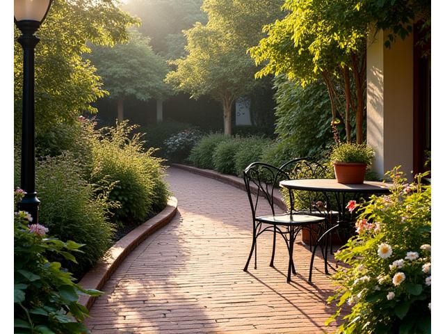Traditional brick patio with curving pathways, surrounded by lush, well-maintained garden beds, evoking classic elegance