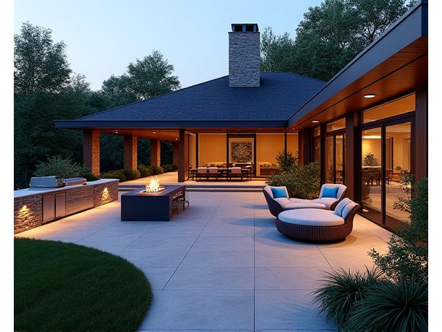 Spacious outdoor patio with a built-in outdoor kitchen, elegant dining area, and comfortable lounge seating, perfect for entertaining