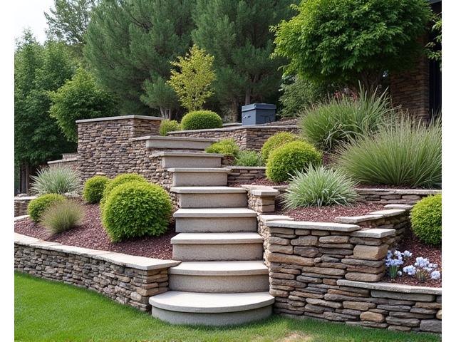 Stacked stone retaining wall creating a terraced garden bed on a slope, with drought-tolerant plantings