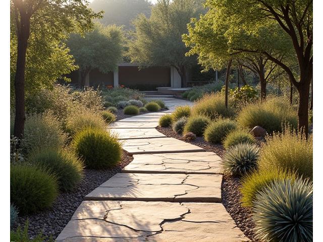 Winding stone walkway through a well-maintained garden, leading to a secluded seating area