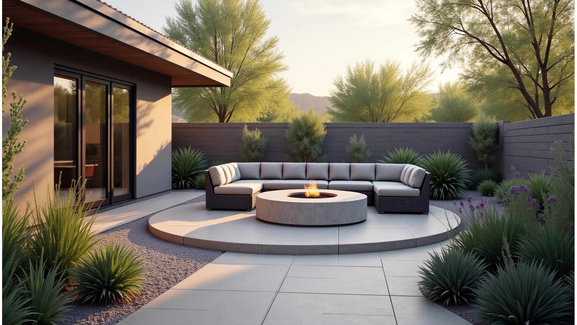 Modern patio with integrated xeriscape planting beds, a stone fire pit, and comfortable outdoor furniture, conveying year-round enjoyment and low maintenance