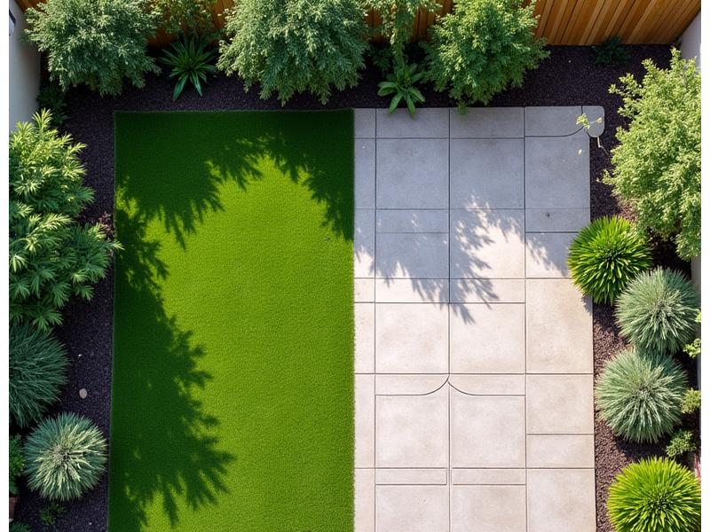A split image showing a lush, high-maintenance garden on one side and a clean, minimalist hardscaped patio with drought-tolerant plants on the other, depicting a contrast in maintenance needs