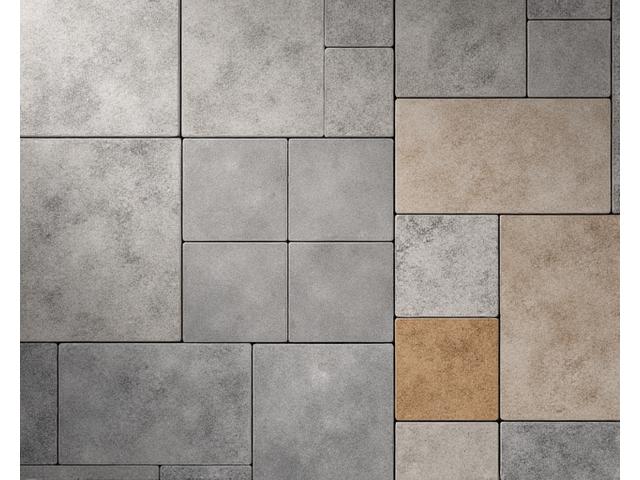 Variety of modern concrete pavers laid in a geometric pattern, showcasing different textures and warm earthy tones
