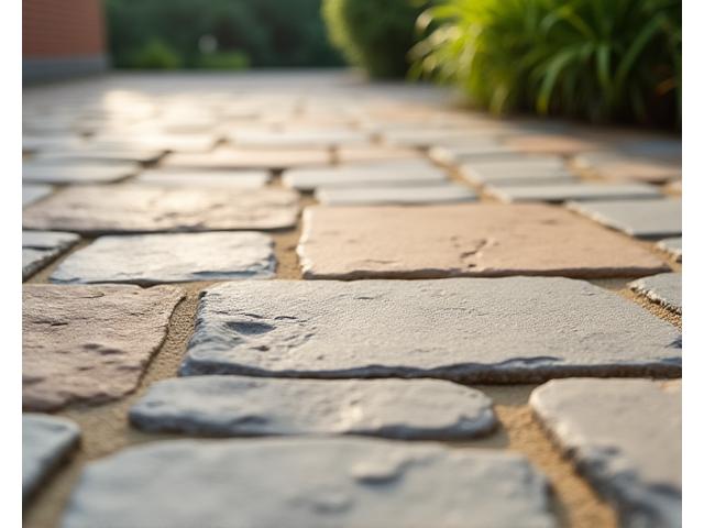 Close-up of a flagstone patio surface with varied natural colors and textures, indicating durability and beauty