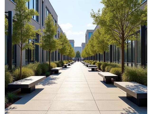 Wide, inviting commercial plaza pathway made of large, durable pavers, surrounded by attractive low-maintenance landscaping and modern benches