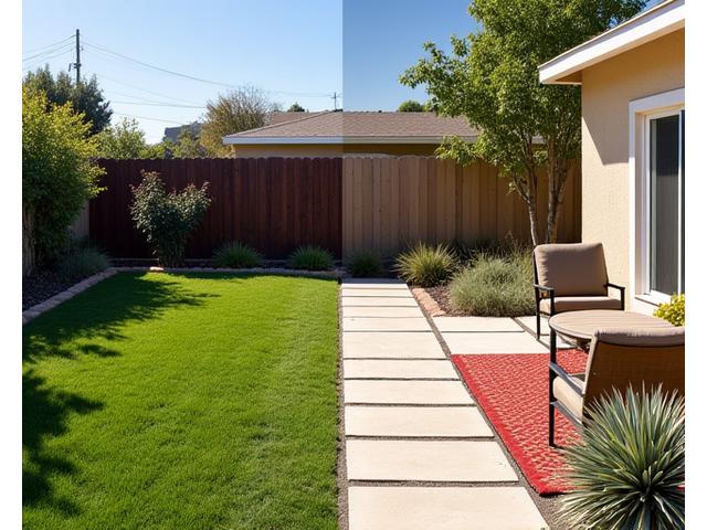 Before and after composite image showing a drab backyard transformed into a vibrant patio with pavers, seating, and new drought-tolerant plants