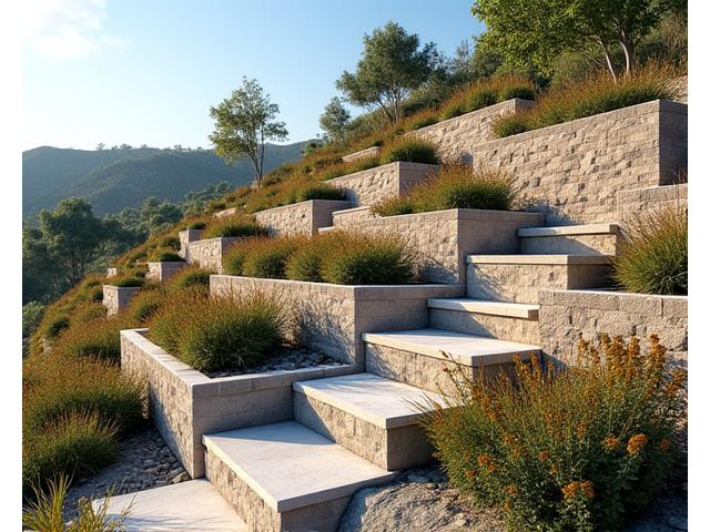 Multi-tiered retaining wall system with integrated steps and planting pockets, effectively managing a steep slope