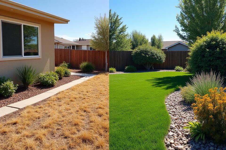 Before and after comparison of a dry, barren Boise yard transformed into a lush, drought-tolerant garden.