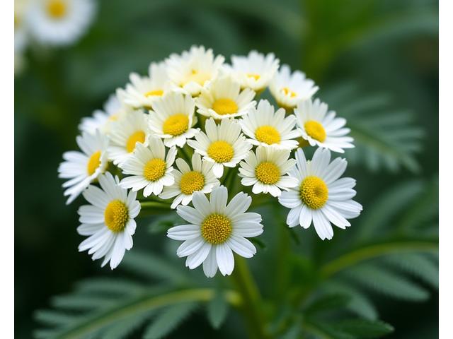 White and yellow Yarrow flowers with fern-like foliage.