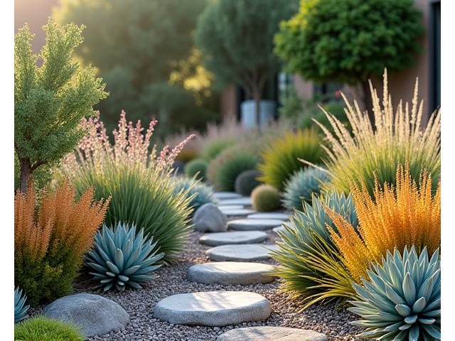 Beautiful drought-tolerant garden with various succulent plants and ornamental grasses flourishing in the sun.