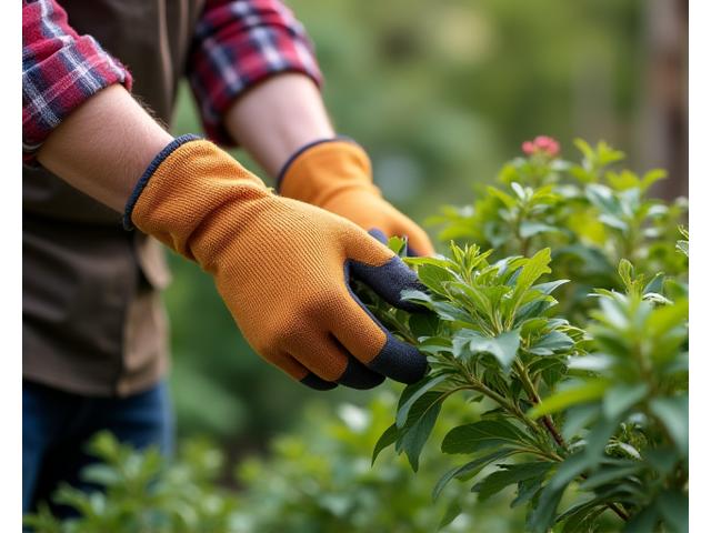 Gardener tending to a thriving xeriscape garden, pruning and maintaining plants with care.