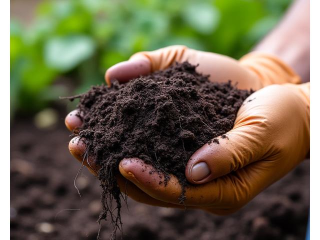 Hand scooping rich, dark soil from a garden bed, with visible organic matter and root systems.