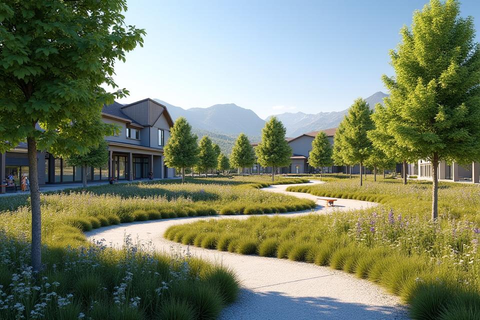 Community common area in Eagle, Idaho, featuring varied drought-tolerant plantings, winding pathways, and shaded seating areas for residents.