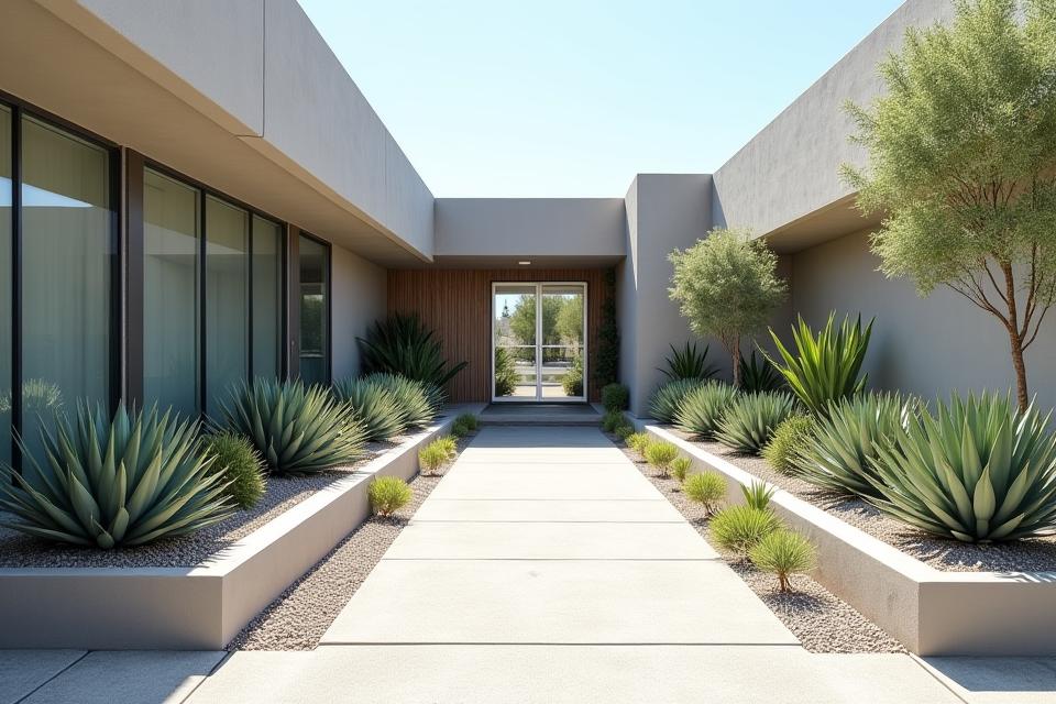 Commercial property entrance with modern xeriscape design, including architectural succulents and gravel pathways in the Boise Foothills.